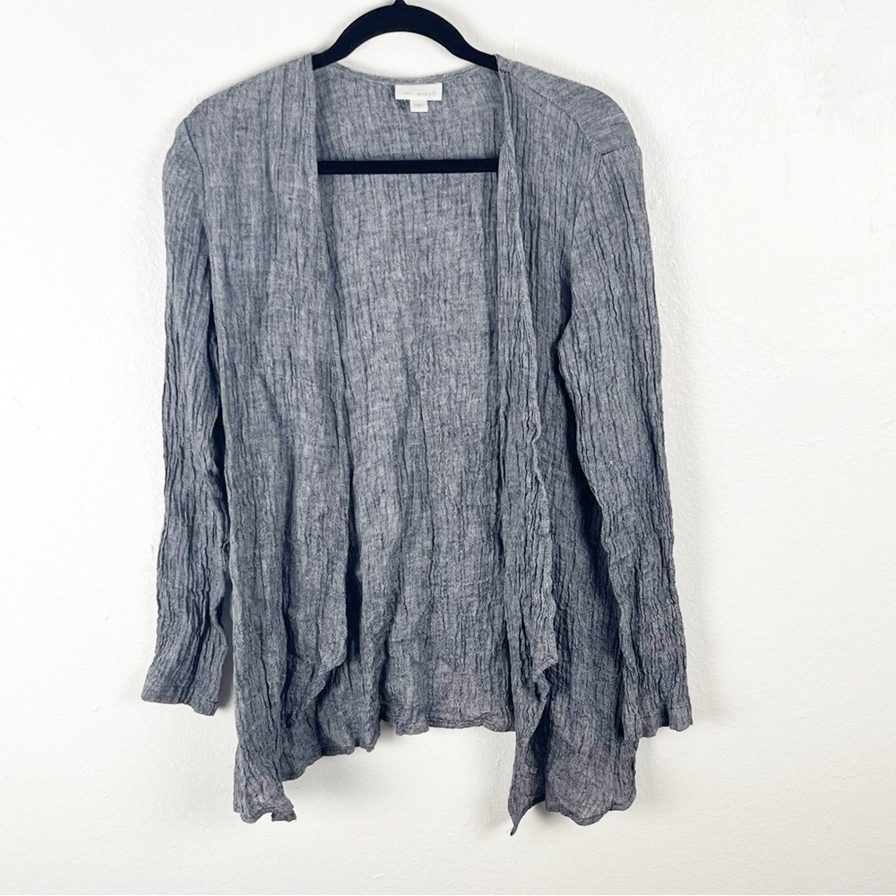 PURE JILL 100% Linen Long Sleeves Gray Gauzy Open Waterfall Cardigan Size Small